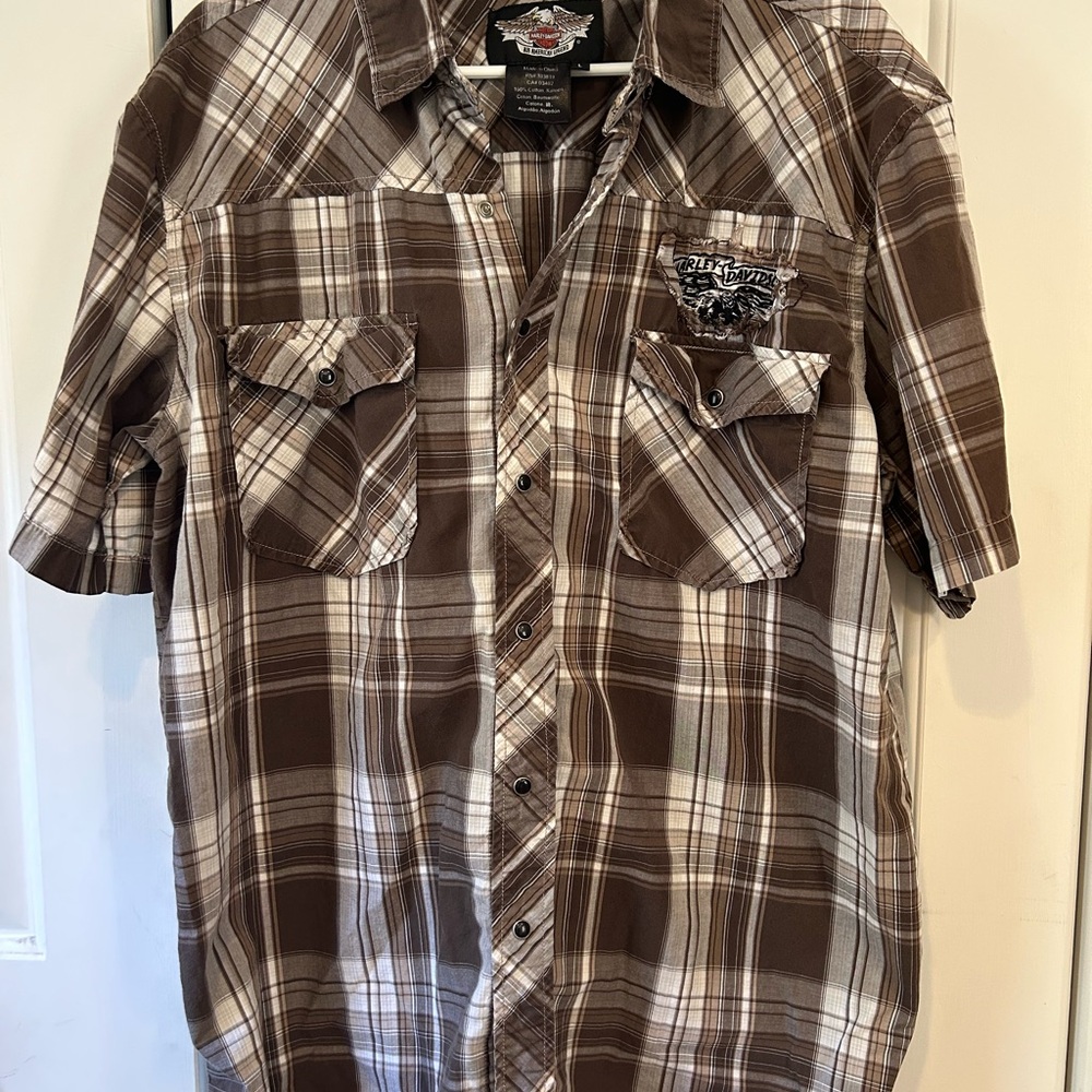 Harley-Davidson Shirt Men L Plaid Short Sleeve snap  button Live to Ride to Live